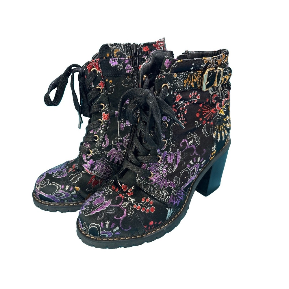 Diba Size 7.5 Embroidered Combat Boho Ankle Boots Floral Brocade Lace up